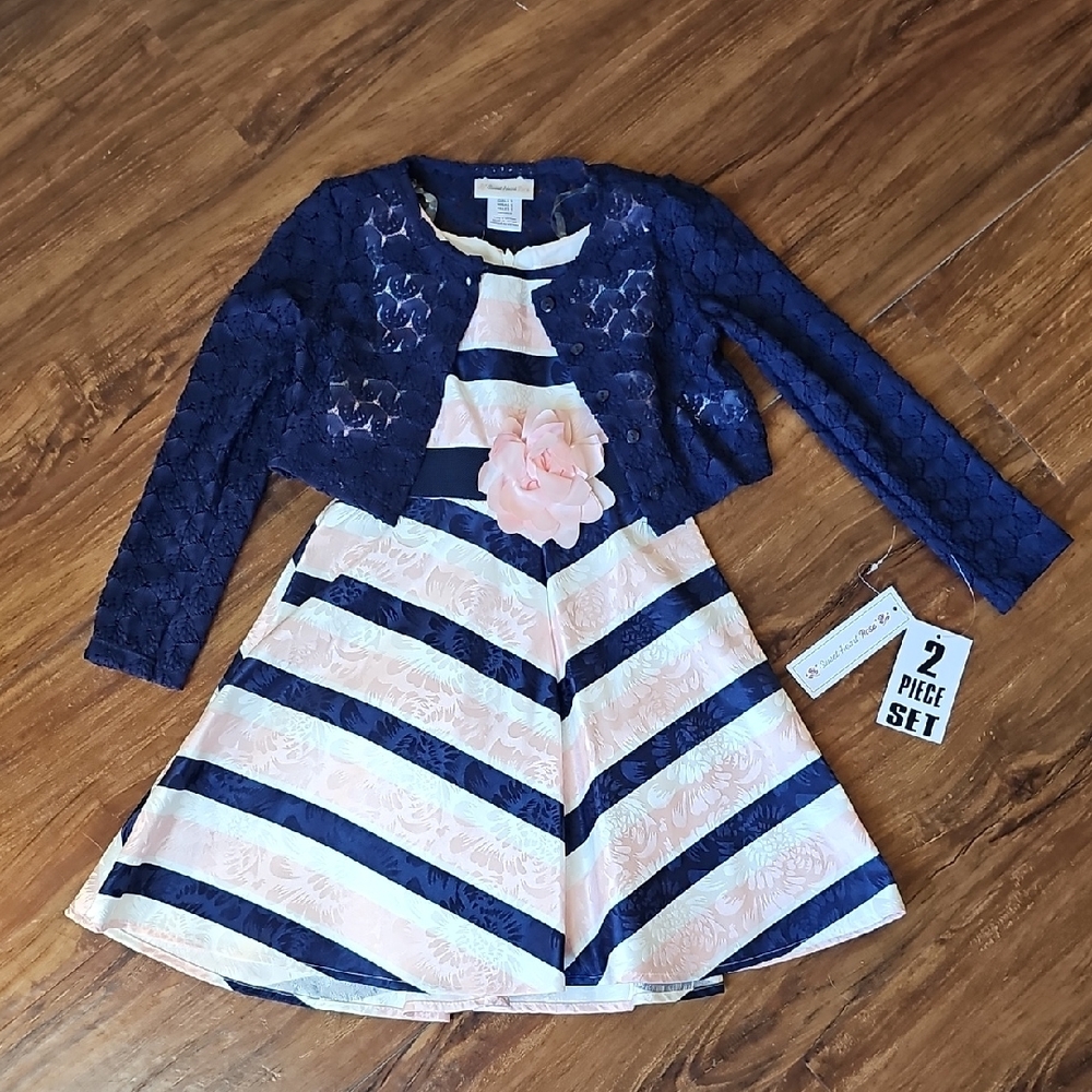 Sweet Heart Rose Striped Dress With Navy Cardigan Size 5